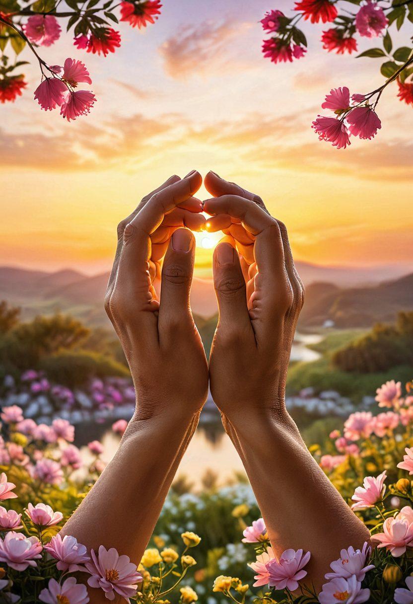 A warm, inviting scene featuring two hands gently intertwined surrounded by blooming flowers symbolizing love and loyalty. In the background, soft, glowing hearts float in the air, while a soothing sunset casts a golden hue over the landscape. The atmosphere radiates connection and tenderness, encouraging deep emotional bonds. super-realistic. vibrant colors. soft focus.