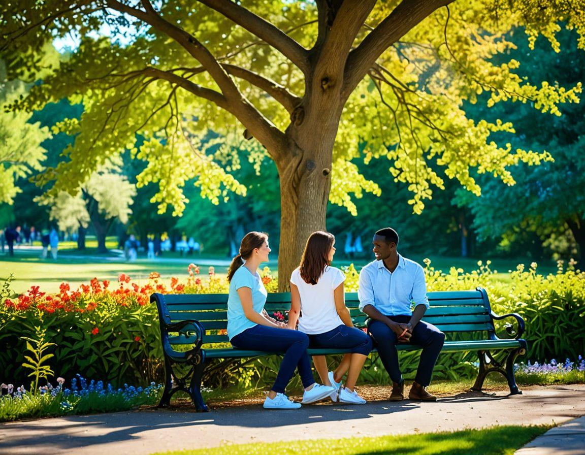 A serene scene of two people sitting on a park bench, deeply engaged in an intimate conversation, surrounded by blooming flowers symbolizing love and connection. Soft light filters through the trees, creating a warm and inviting atmosphere. Include gentle hand gestures and shared smiles to convey emotional connection and companionship. The background features a clear blue sky and distant silhouettes of couples enjoying the park. soft focus, vibrant colors, impressionist style.