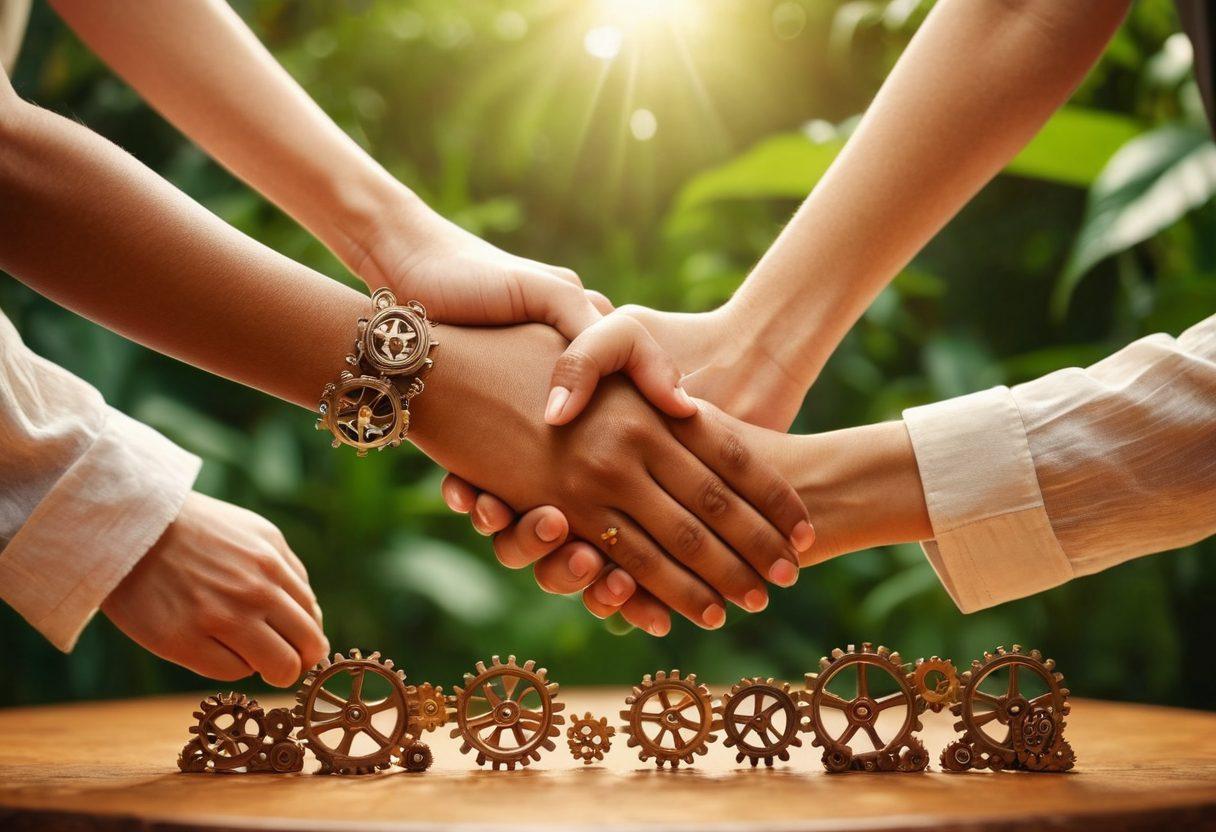 A strong and diverse group of people shaking hands over a table filled with symbols of collaboration, like gears and heart icons. In the background, create a warm and inviting atmosphere with soft lighting and green plants to symbolize growth and loyalty. Incorporate elements such as a roadmap showing partnership strategies and infographics that represent intimacy in relationships. super-realistic. warm colors. soft focus.